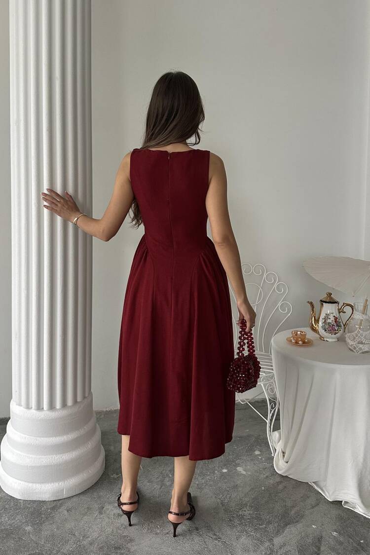 Wholesale Burgundy Sides Ruffle Midi Length Linen Dress
