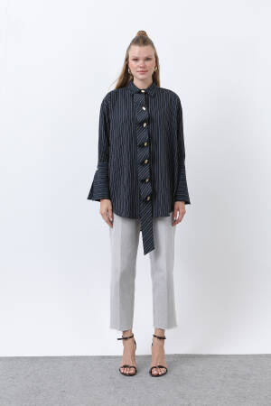 Women's Front Frill Detailed Striped Shirt - Brand: Puane - Women's Clothing Wholesale - Globality Store