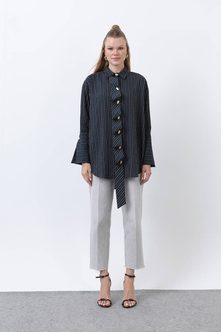 Women's Front Frill Detailed Striped Shirt