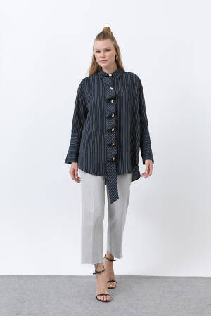 Women's Front Frill Detailed Striped Shirt - Brand: Puane - Women's Clothing Wholesale - Globality Store