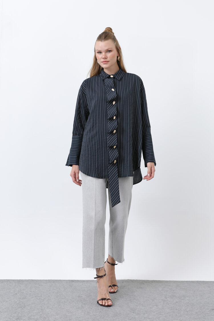 Women's Front Frill Detailed Striped Shirt - Brand: Puane - Women's Clothing Wholesale - Globality Store
