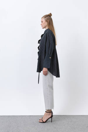 Women's Front Frill Detailed Striped Shirt - Brand: Puane - Women's Clothing Wholesale - Globality Store