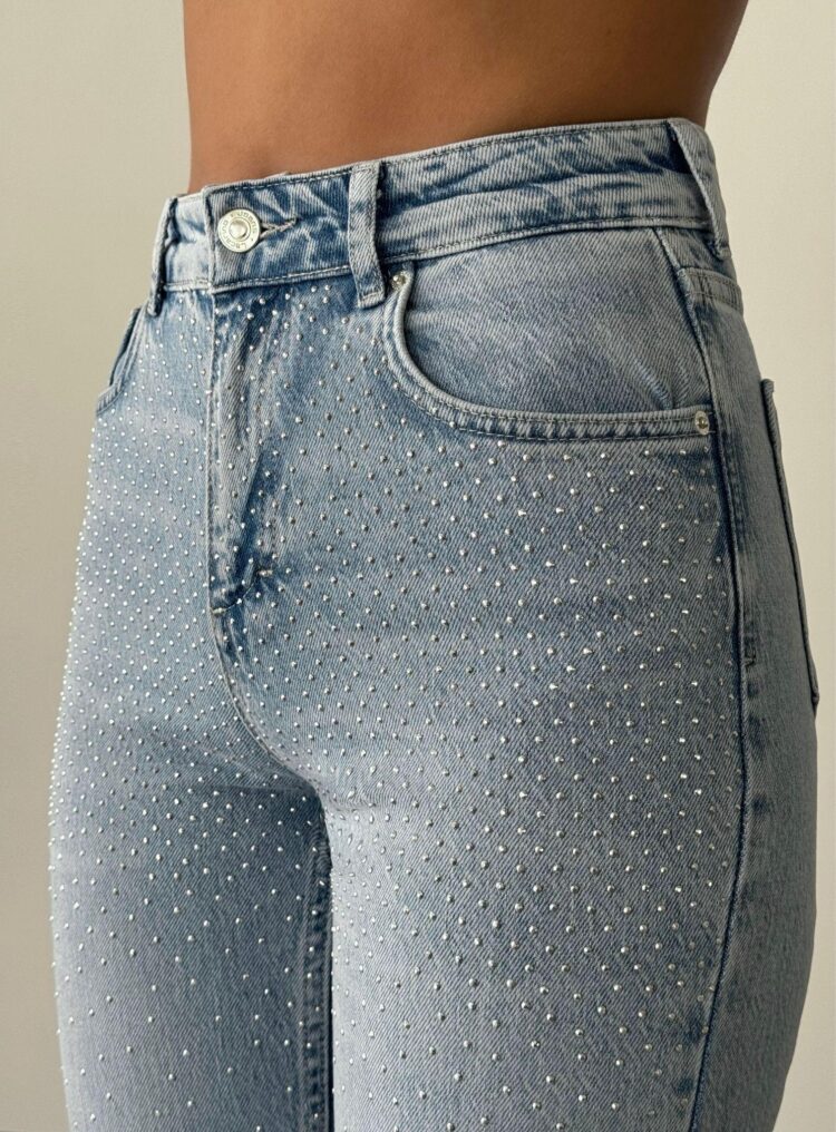 High Waist Stone Embroidery Detailed LightJeans Pants