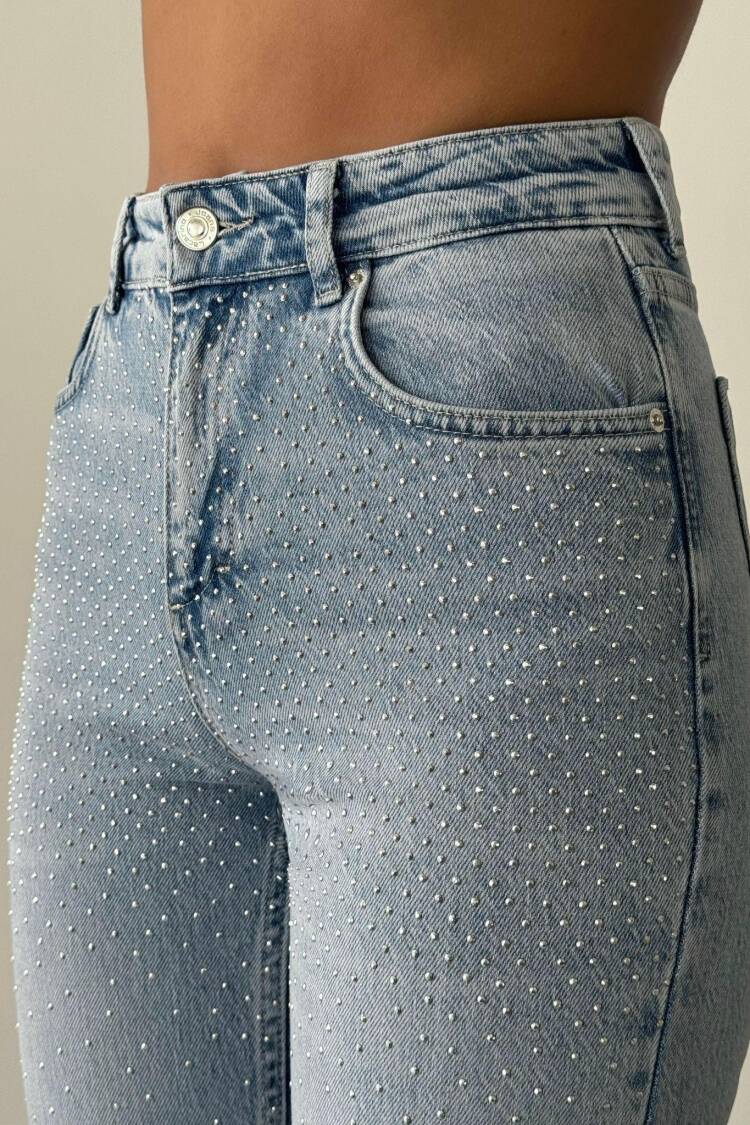 High Waist Stone Embroidery Detailed LightJeans Pants