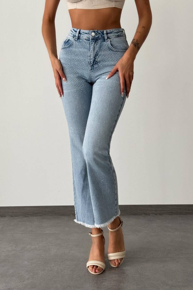 High Waist Stone Embroidery Detailed LightJeans Pants