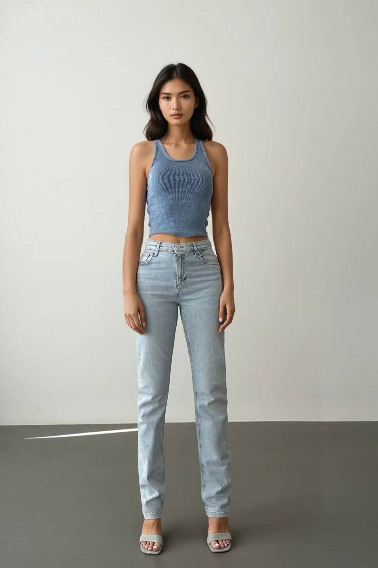 High Waist Tubular Cut Stone Detailed IceJeans Pants - Brand: LACARINO - Women's Clothing Wholesale - Globality Store
