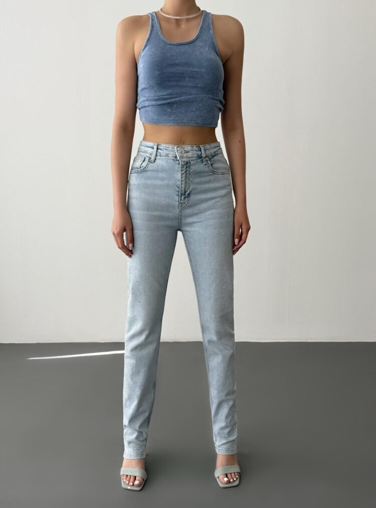 High Waist Tubular Cut Stone Detailed IceJeans Pants