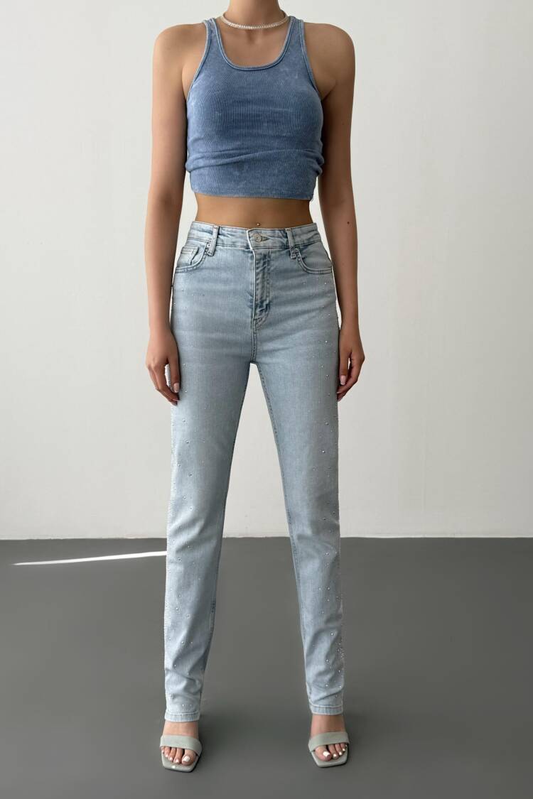 High Waist Tubular Cut Stone Detailed IceJeans Pants