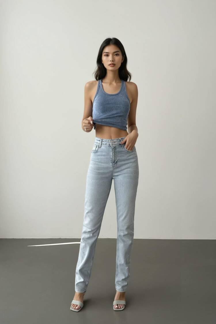 High Waist Tubular Cut Stone Detailed IceJeans Pants