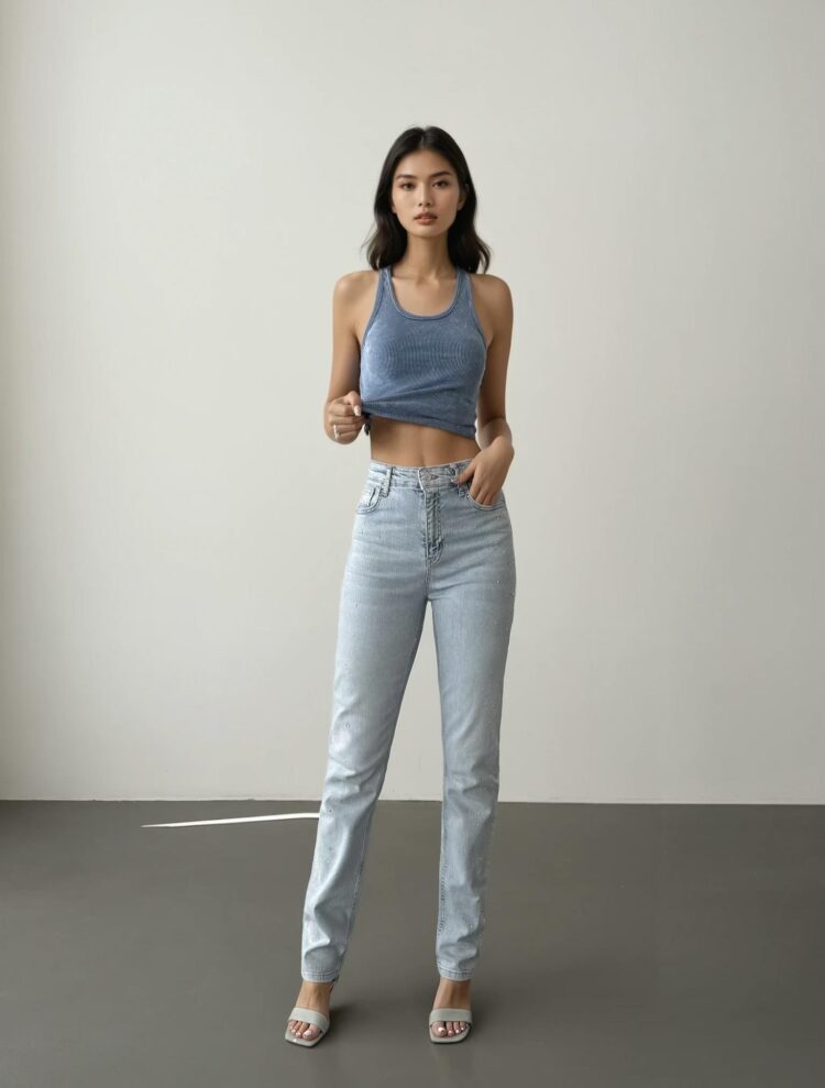 High Waist Tubular Cut Stone Detailed IceJeans Pants