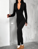 Women's Long Sleeve V-Neck Fingerprint Detail Camisole Jumpsuit - Black - Brand: Janes - Women's Clothing Wholesale - Globality Store