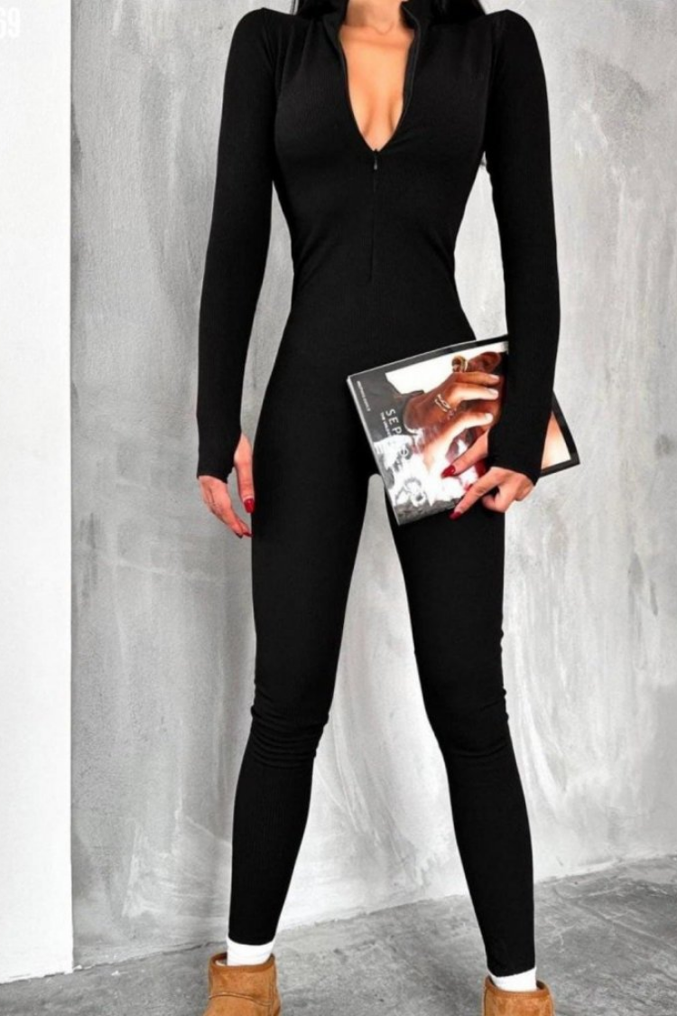 Women's Long Sleeve V-Neck Fingerprint Detail Camisole Jumpsuit - Black - Brand: Janes - Women's Clothing Wholesale - Globality Store