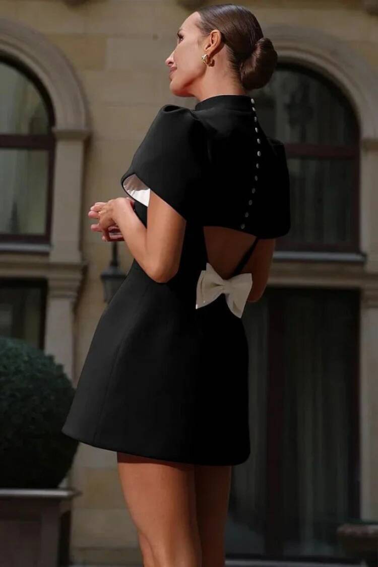 Women's Short Sleeve Turtleneck Back Butterfly Neckline Detailed Short Atlas Dress