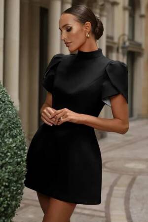 Women's Short Sleeve Turtleneck Back Butterfly Neckline Detailed Short Atlas Dress