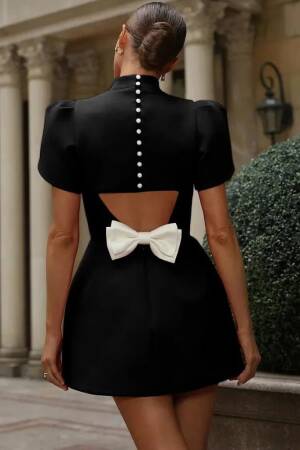 Women's Short Sleeve Turtleneck Back Butterfly Neckline Detailed Short Atlas Dress
