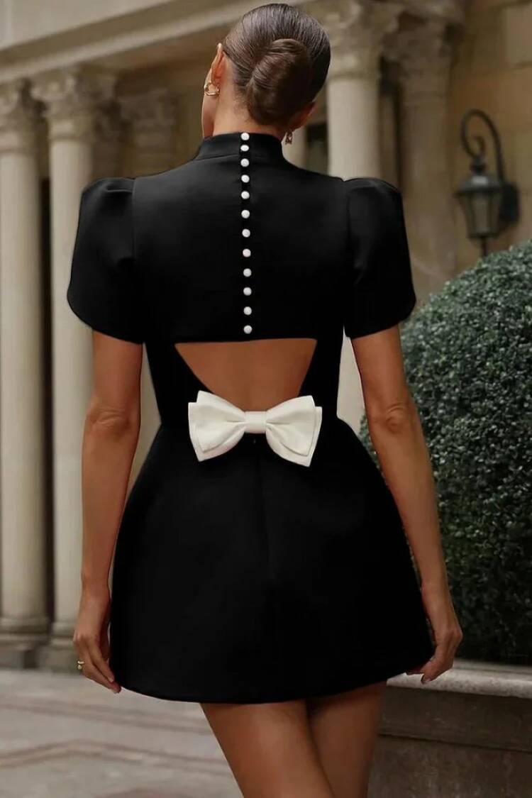 Women's Short Sleeve Turtleneck Back Butterfly Neckline Detailed Short Atlas Dress