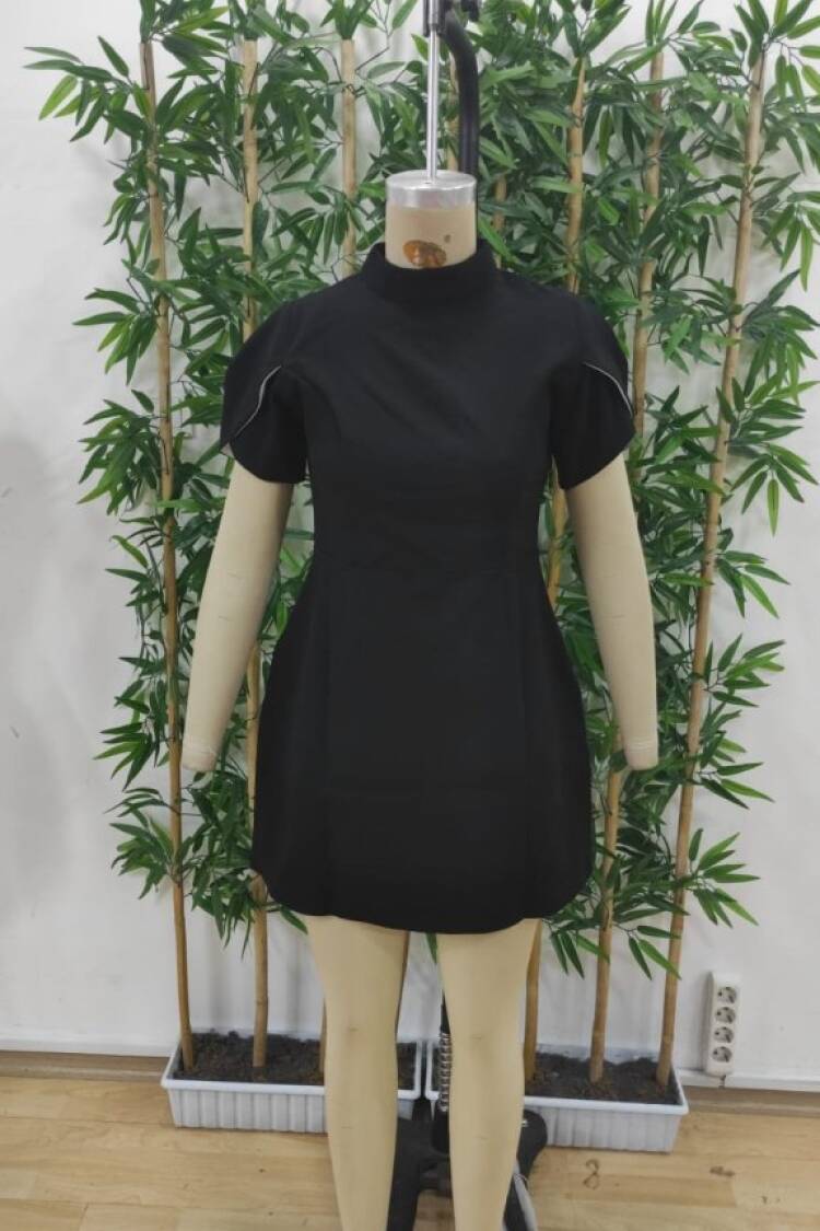 Women's Short Sleeve Turtleneck Back Butterfly Neckline Detailed Short Atlas Dress