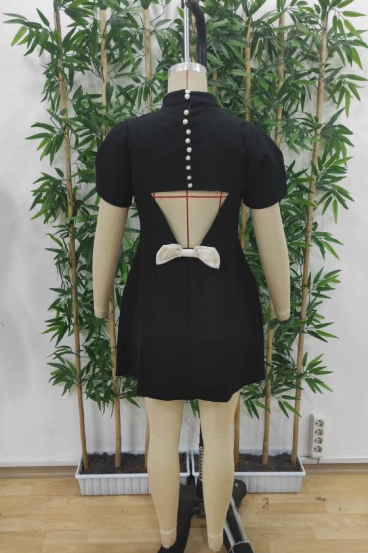 Women's Short Sleeve Turtleneck Back Butterfly Neckline Detailed Short Atlas Dress