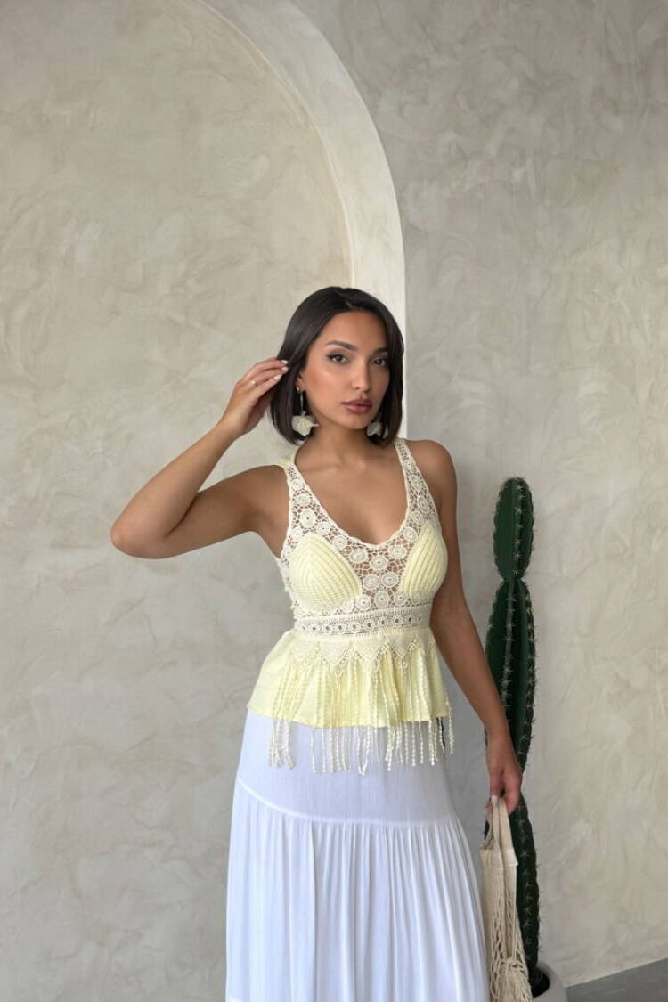 Guipure Detailed Strap Wholesale Blouse|