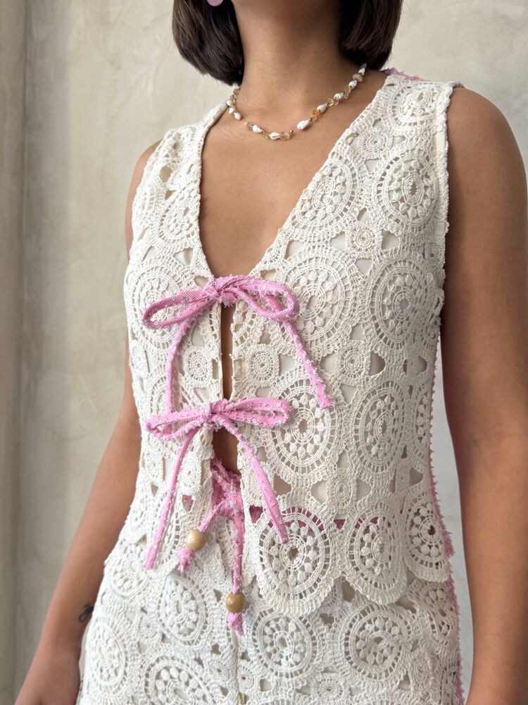 Jeans Detailed Front Tie Lace Wholesale Vest Raw|