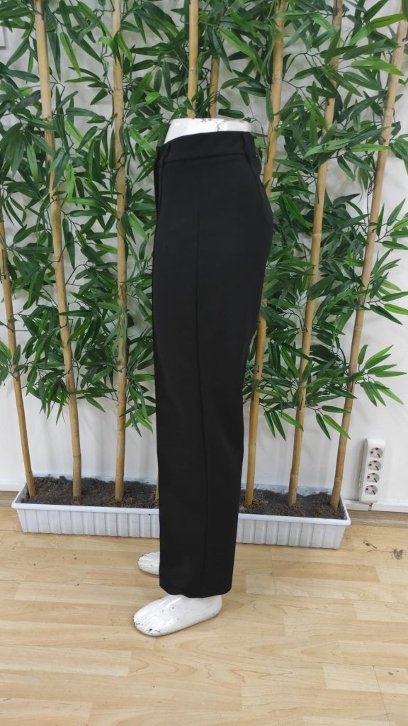 Women's High Waist Ribbed Imported Crepe Pants - Black