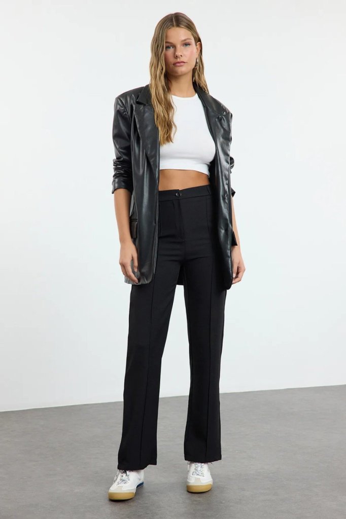 Women's High Waist Ribbed Imported Crepe Pants - Black