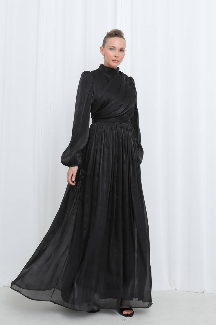 Women's Satin Textured Pleated Long Sleeve Modern Burkini Evening Dress