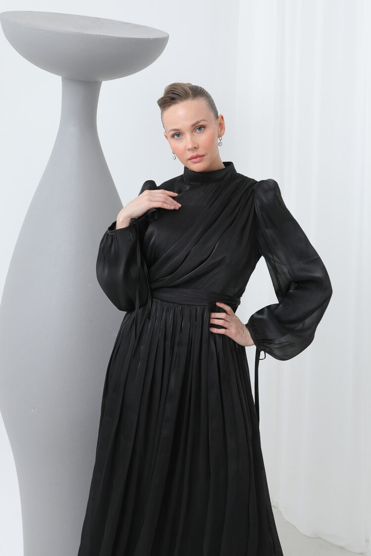 Women's Satin Textured Pleated Long Sleeve Modern Burkini Evening Dress - Brand: Puane - Women's Clothing Wholesale - Globality Store