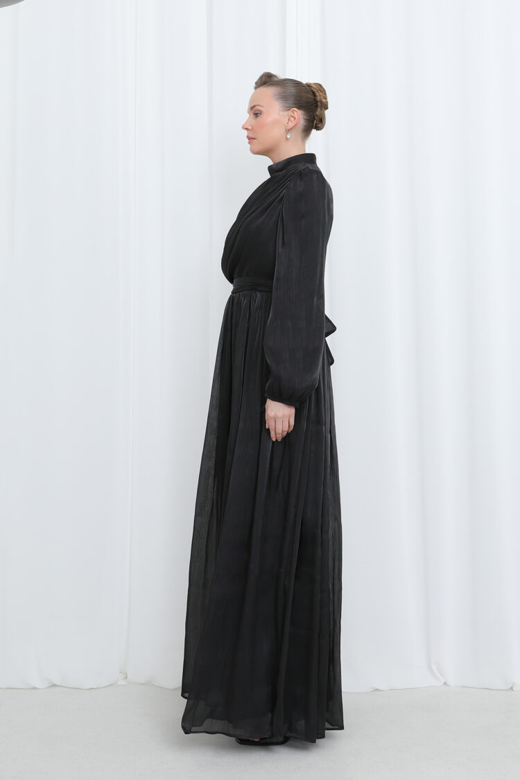 Women's Satin Textured Pleated Long Sleeve Modern Burkini Evening Dress