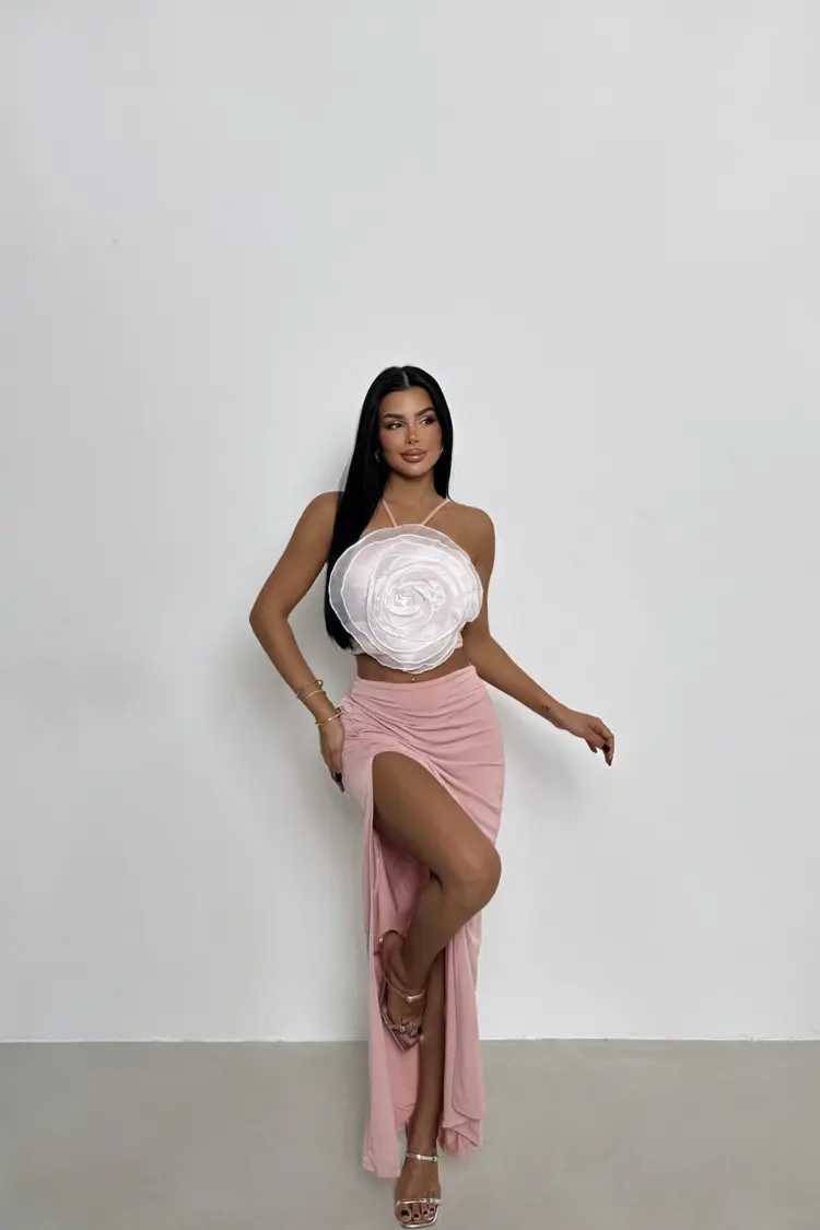 Rose Detail Skirt Suit - Powder