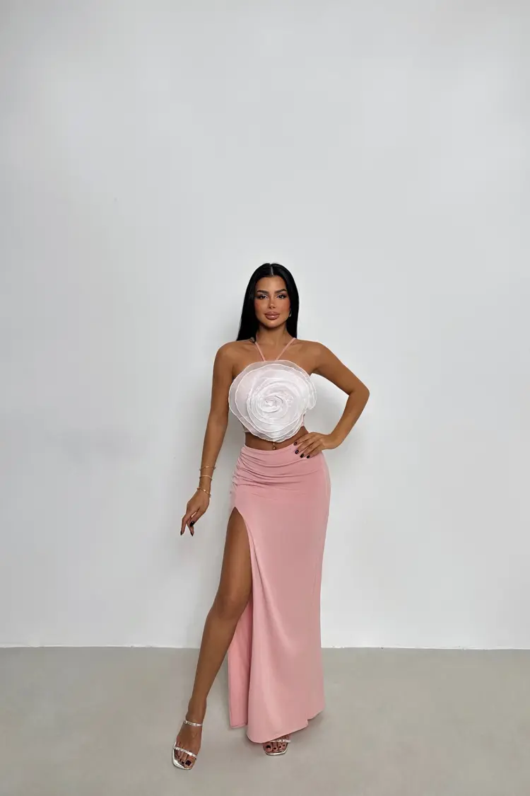 Rose Detail Skirt Suit - Powder