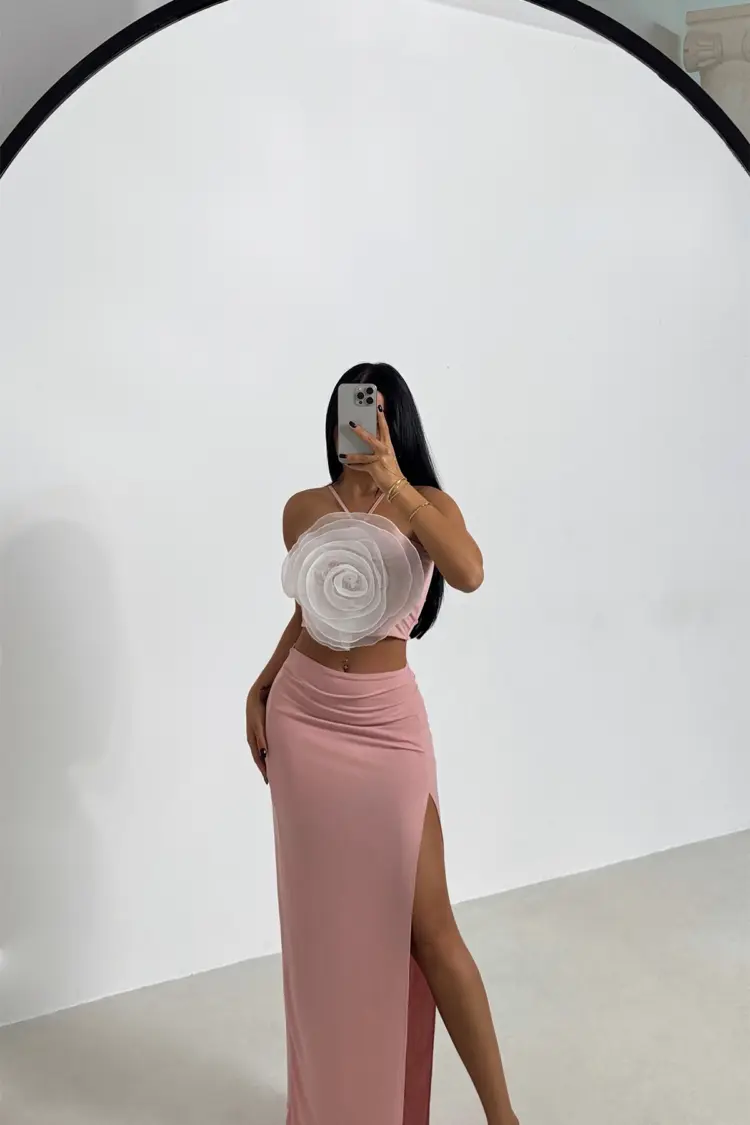Rose Detail Skirt Suit - Powder