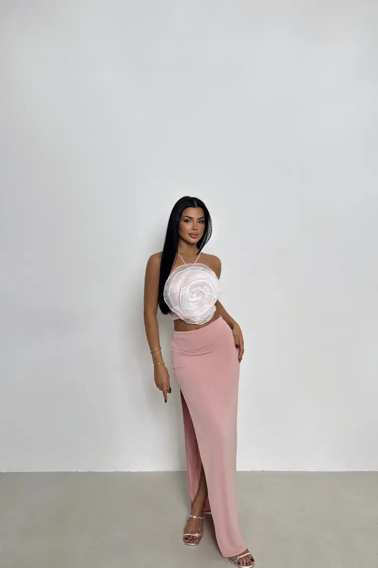 Rose Detail Skirt Suit - Powder - Brand: EYYO ATELIER - Women's Clothing Wholesale - Globality Store