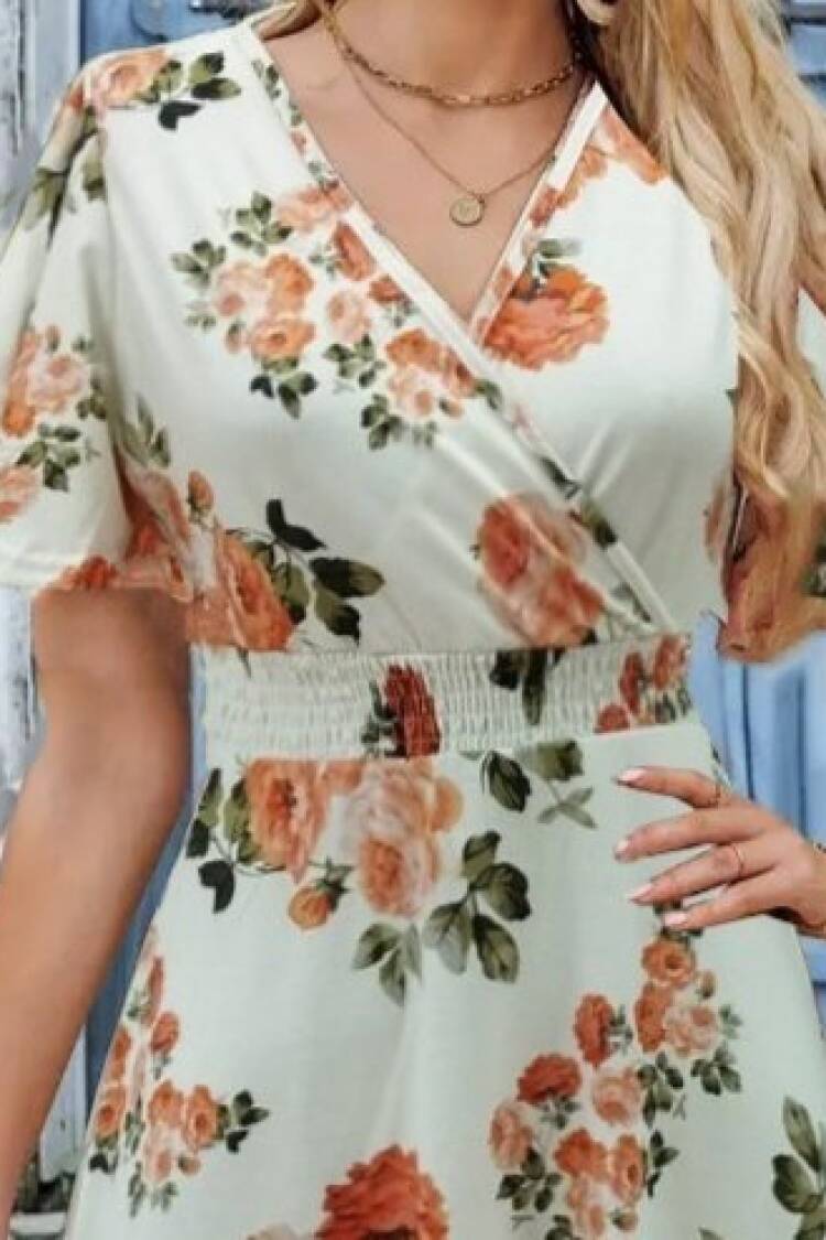 Women's Short Sleeve Double Collar Patterned Suprem Short Dress - Beige