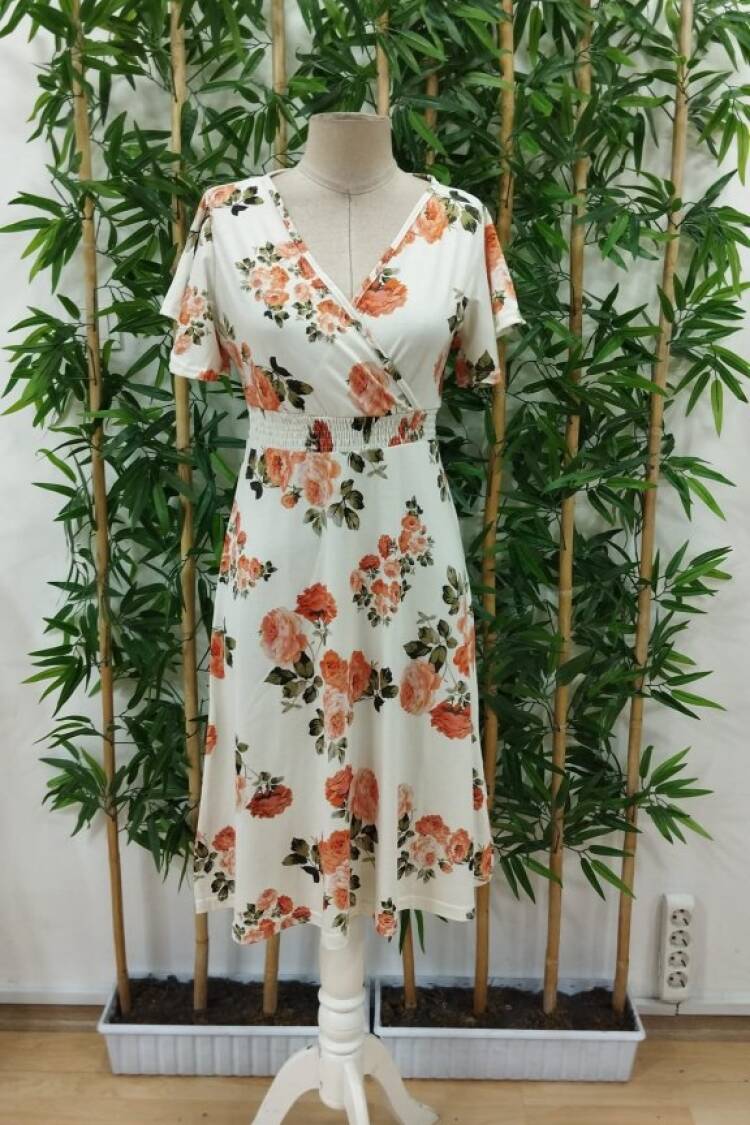 Women's Short Sleeve Double Collar Patterned Suprem Short Dress - Beige