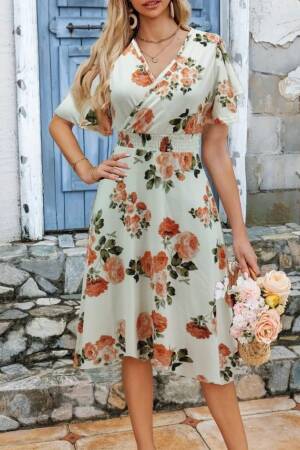 Women's Short Sleeve Double Collar Patterned Suprem Short Dress - Beige - Brand: Janes - Women's Clothing Wholesale - Globality Store
