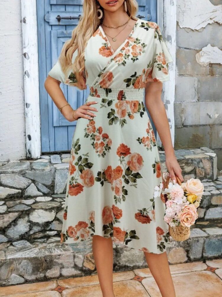 Women's Short Sleeve Double Collar Patterned Suprem Short Dress - Beige