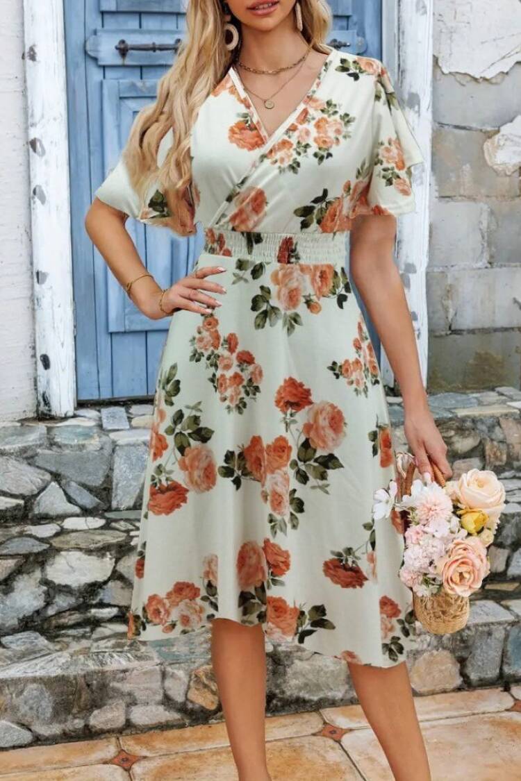 Women's Short Sleeve Double Collar Patterned Suprem Short Dress - Beige