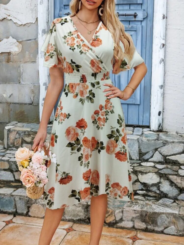 Women's Short Sleeve Double Collar Patterned Suprem Short Dress - Beige - Brand: Janes - Women's Clothing Wholesale - Globality Store