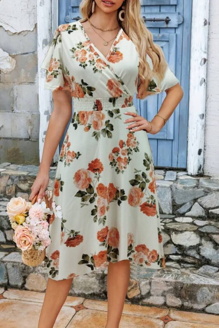 Women's Short Sleeve Double Collar Patterned Suprem Short Dress - Beige - Brand: Janes - Women's Clothing Wholesale - Globality Store