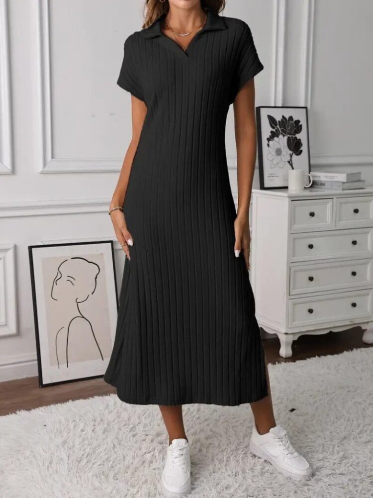 Women's Short Sleeve Collar Side Slit Thick Ribbed Camisole Dress