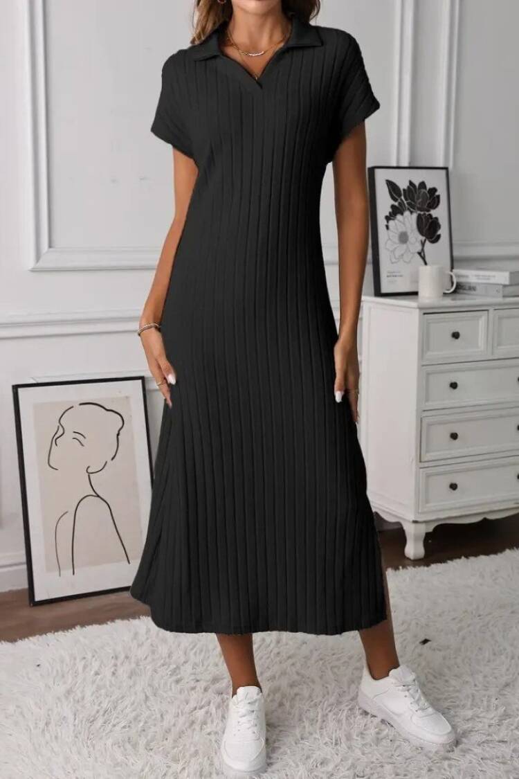 Women's Short Sleeve Collar Side Slit Thick Ribbed Camisole Dress
