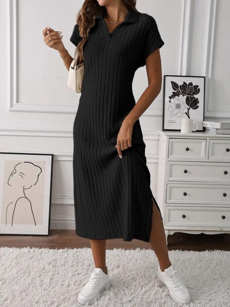 Women's Short Sleeve Collar Side Slit Thick Ribbed Camisole Dress - Brand: Janes - Women's Clothing Wholesale - Globality Store