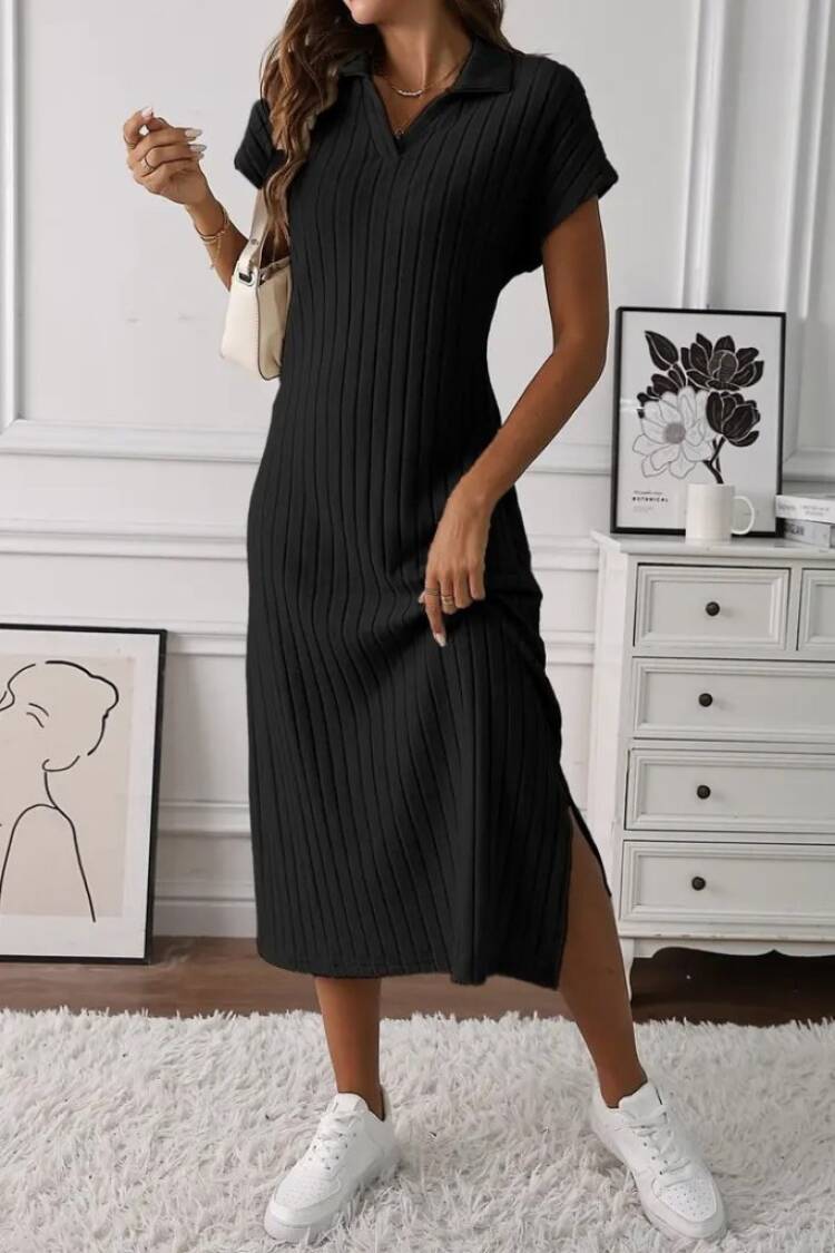 Women's Short Sleeve Collar Side Slit Thick Ribbed Camisole Dress - Brand: Janes - Women's Clothing Wholesale - Globality Store