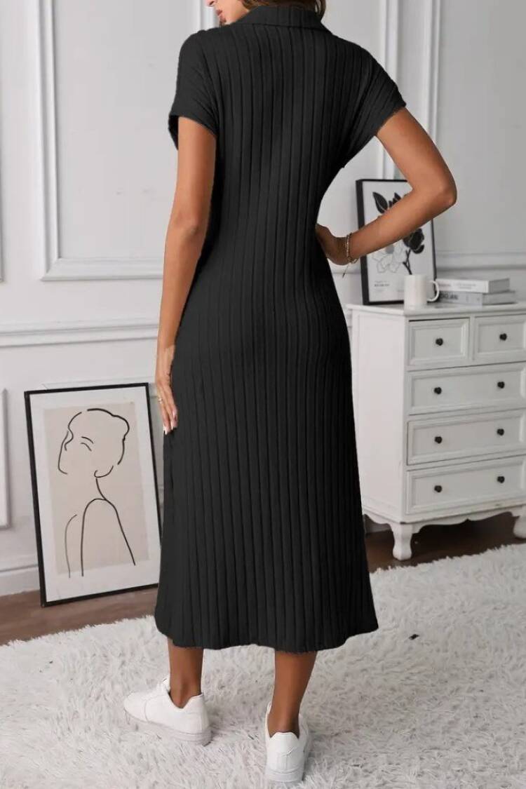 Women's Short Sleeve Collar Side Slit Thick Ribbed Camisole Dress