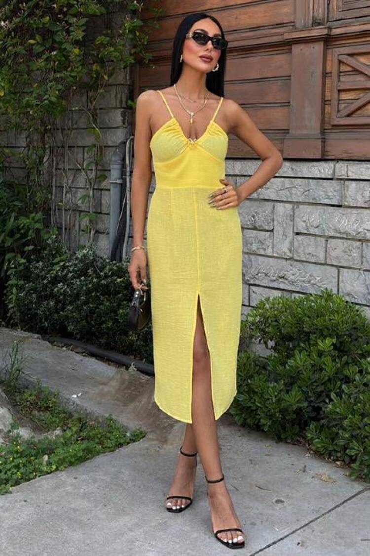 Front Slit Dress With Chest Accessory - Brand: Sobe Istanbul - Women's Clothing Wholesale - Globality Store