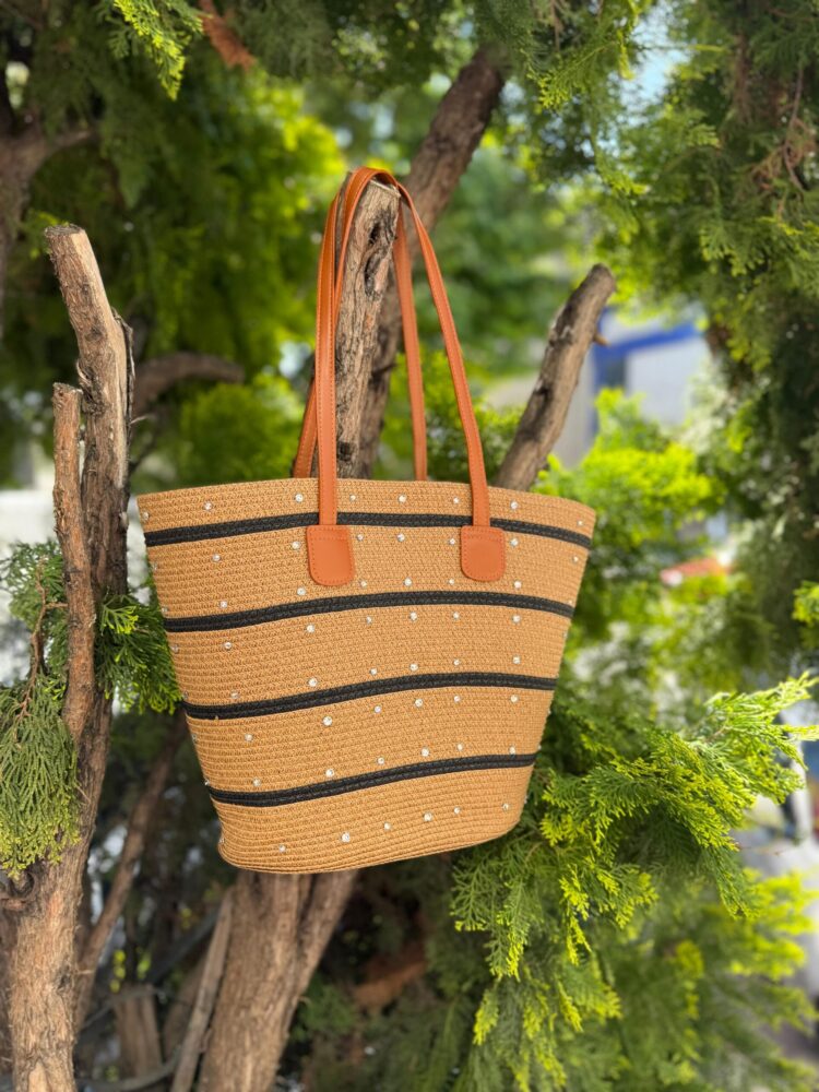 Striped Black Straw Bag With Stones On Top - Camel