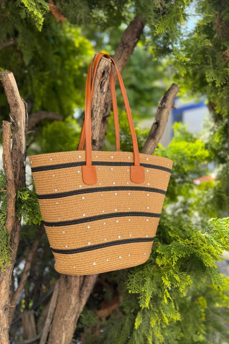 Striped Black Straw Bag With Stones On Top - Camel