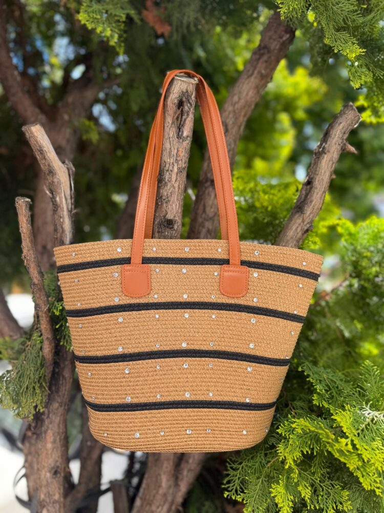 Striped Black Straw Bag With Stones On Top - Camel - Brand: Axesoire - Women's Clothing Wholesale - Globality Store