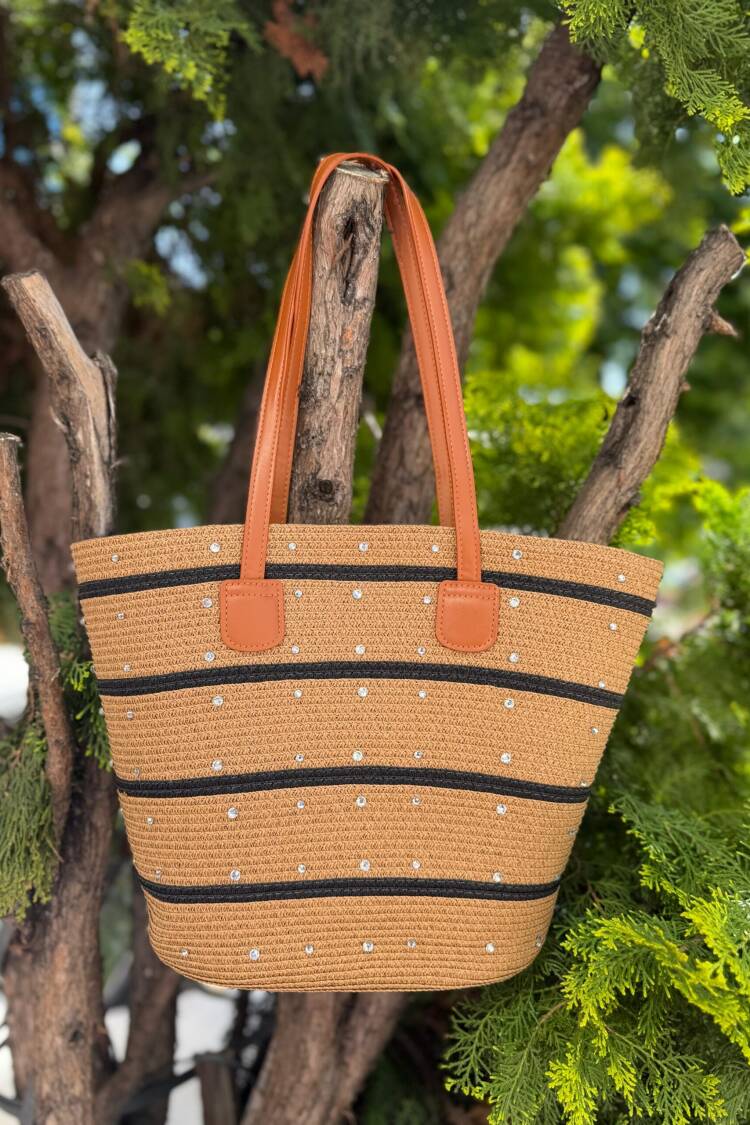 Striped Black Straw Bag With Stones On Top - Camel - Brand: Axesoire - Women's Clothing Wholesale - Globality Store